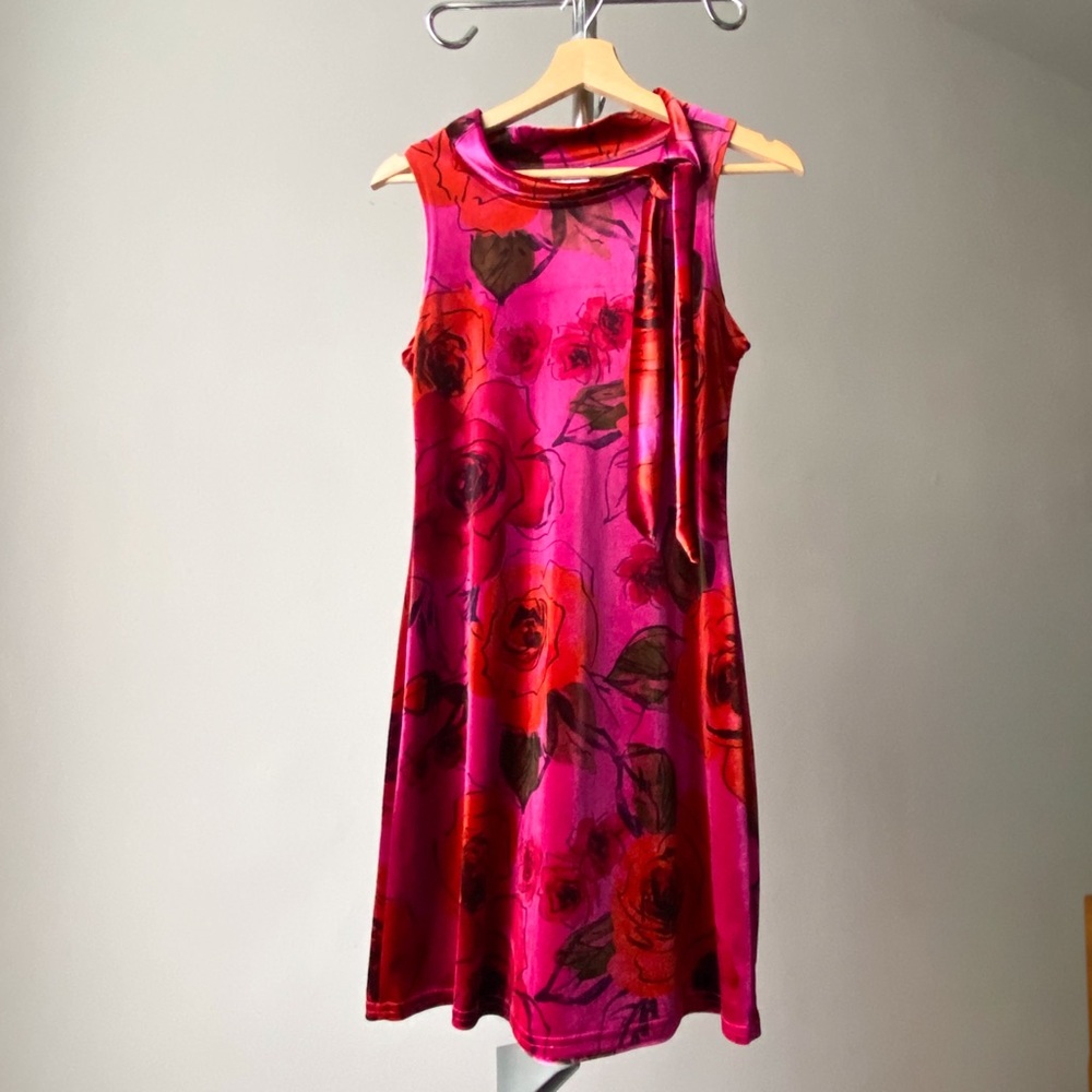 ❄️60s Vintage Pink Red Graphic Rose Print Velvet Mini Sleeveless High neck Dress